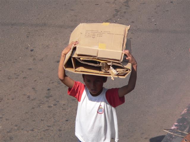 Child carrying cardboard
