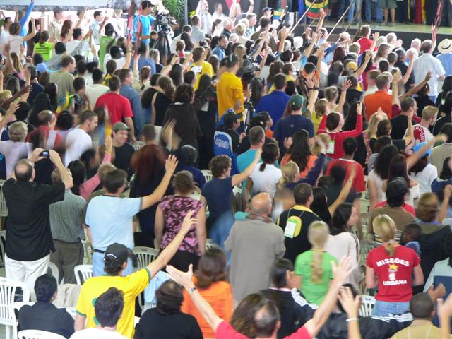 A crowd worshipping