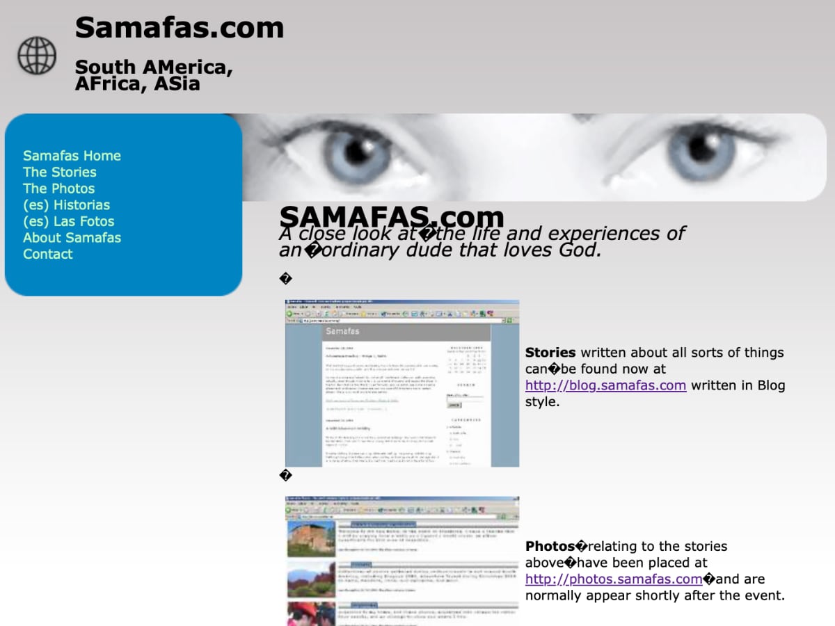 Screenshot of the original static Samafas.com site, headed 'South America, Africa, Asia' with a blue navigation panel.