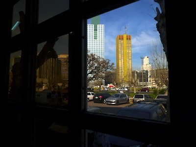 Looking out the window of Migrations building.