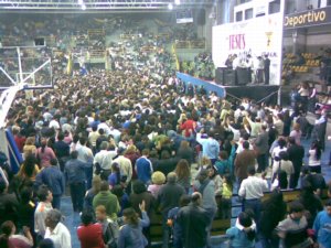 The stage, crowded with people