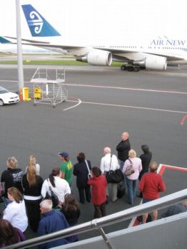 Waiting for buses to come and take us to the terminal building.