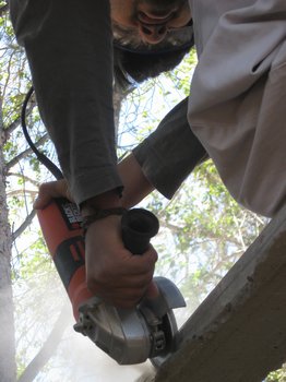 Paul preparing the roofing beams.
